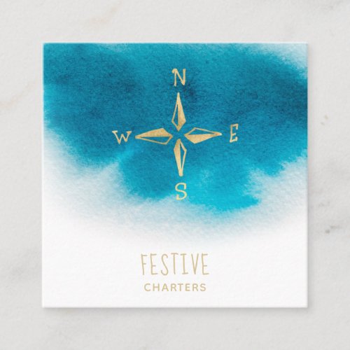*~* Golden Compass Beach Ocean Sea AP 13 Teal Blue Square Business Card