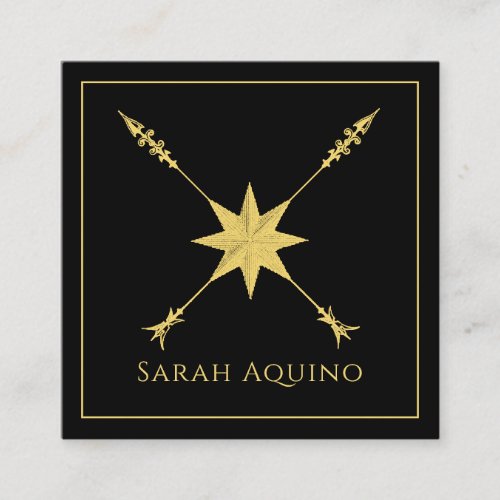Golden Compass Rose And Arrow On Black Square Business Card