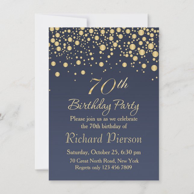 Golden confetti 70th Birthday Party Invitation (Front)