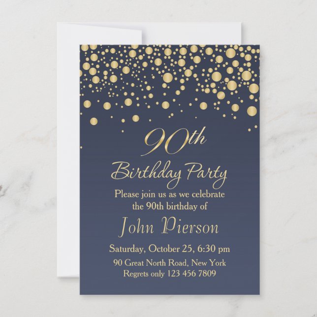 Golden confetti 90th Birthday Party Invitation (Front)