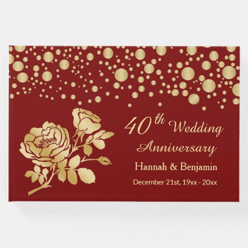 Golden confetti and roses on red 40th Anniversary Guest Book