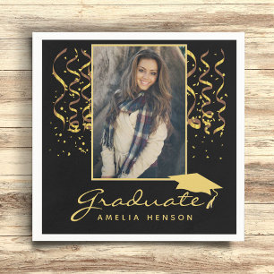 Golden Confetti Black Graduation Graduate Photo Napkins