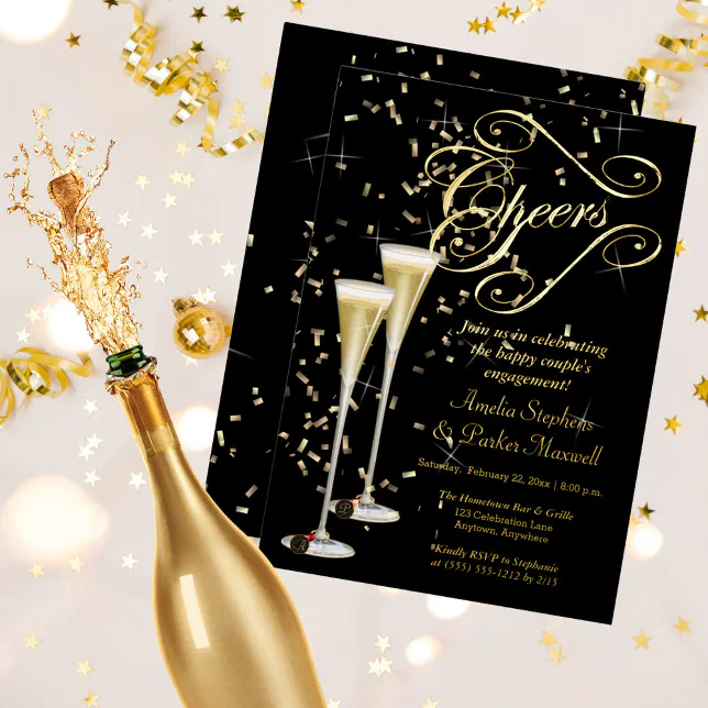 Golden Confetti Champagne Cheers Engagement Party Foil Invitation Zazzle