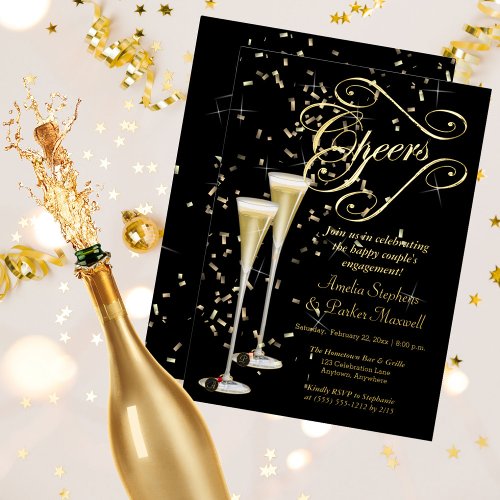 Golden Confetti Champagne Cheers Engagement Party Foil Invitation