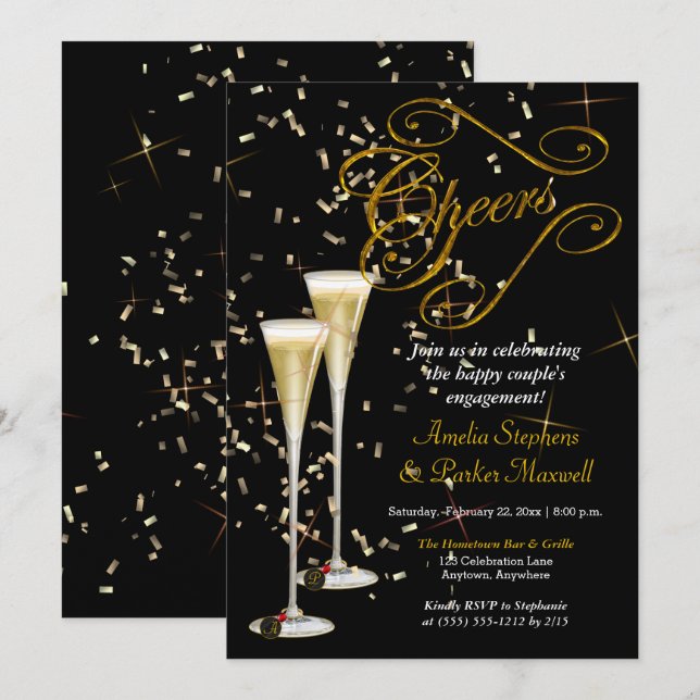 Golden Confetti Champagne Cheers Engagement Party Invitation (Front/Back)
