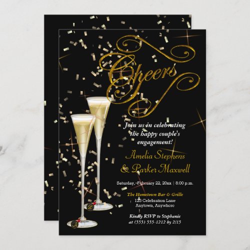 Golden Confetti Champagne Cheers Engagement Party Invitation
