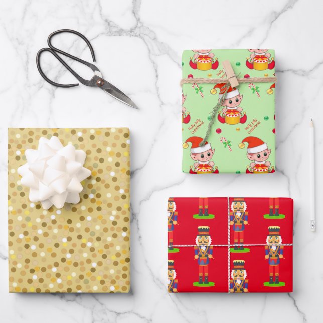 Golden Confetti, Christmas Elf, Nutcracker Wrapping Paper Sheets (Front)