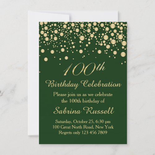 Golden confetti dark green 100 Birthday party Invitation