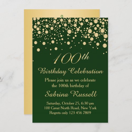 Golden confetti dark green 100 Birthday party Invitation