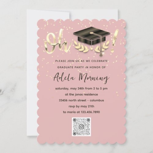 Golden Confetti Graduate Party QR Code Blush Invitation