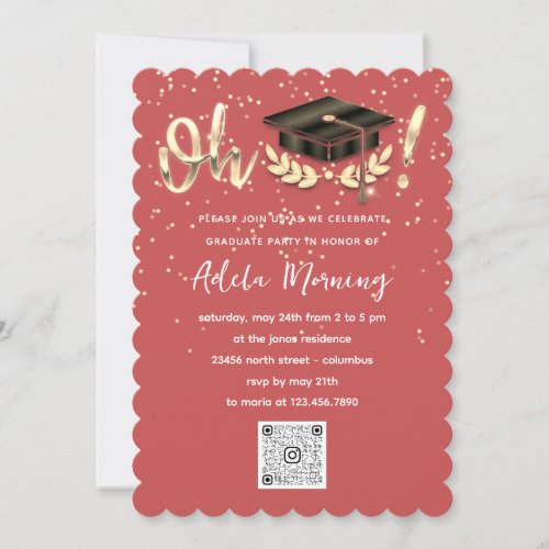 Golden Confetti Graduate Party QR Code Coral Invitation