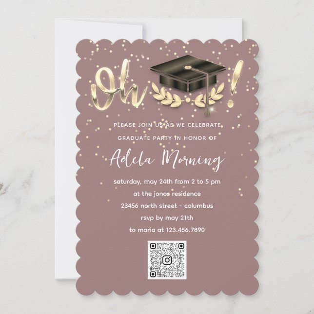 Golden Confetti Graduate Party QR Code Rose  Invitation (Front)