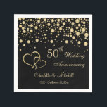 Golden confetti, hearts 50th Wedding Anniversary Napkins<br><div class="desc">Golden effect confetti and joined hearts on a black background 50th Wedding Anniversary napkins</div>