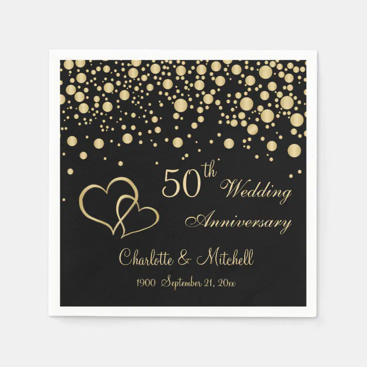 Golden confetti, hearts 50th Wedding Anniversary Napkins | Zazzle