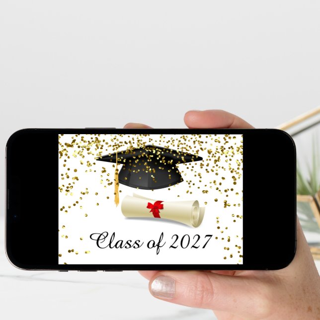 Golden confetti, mortar, diploma Graduation Card (Front Digital)