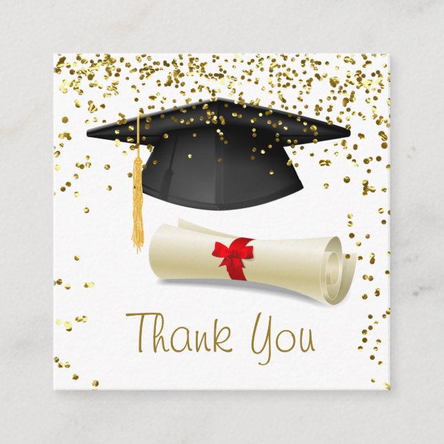 Golden confetti, mortar, diploma Graduation Enclosure Card (Front)