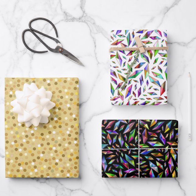 Golden Confetti & Multicolored Gems Wrapping Paper Sheets (Front)