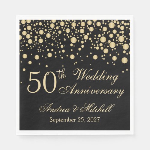 Golden confetti on black 50th Wedding Anniversary Napkins