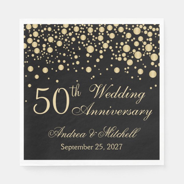Golden confetti on black 50th Wedding Anniversary Napkins (Front)