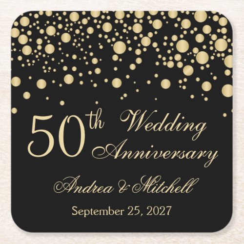 Golden confetti on black 50th Wedding Anniversary Square Paper Coaster