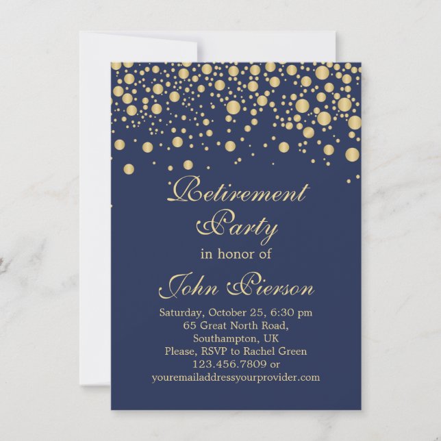 Golden confetti on dark blue Retirement Party Invitation (Front)