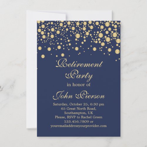 Golden confetti on dark blue Retirement Party Invitation