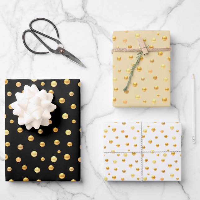 Golden Confetti on Golden, Black & White Wrapping Paper Sheets (Front)