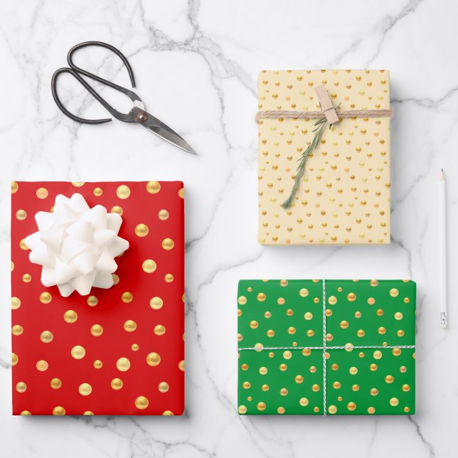 Golden Confetti on Golden, Green & Red  Wrapping Paper Sheets (Front)