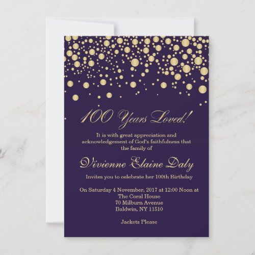 Golden confetti on purple 100 Birthday party Invitation
