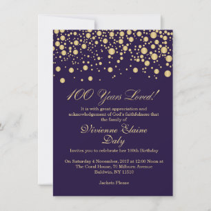 Golden confetti on purple 100 Birthday party Invitation