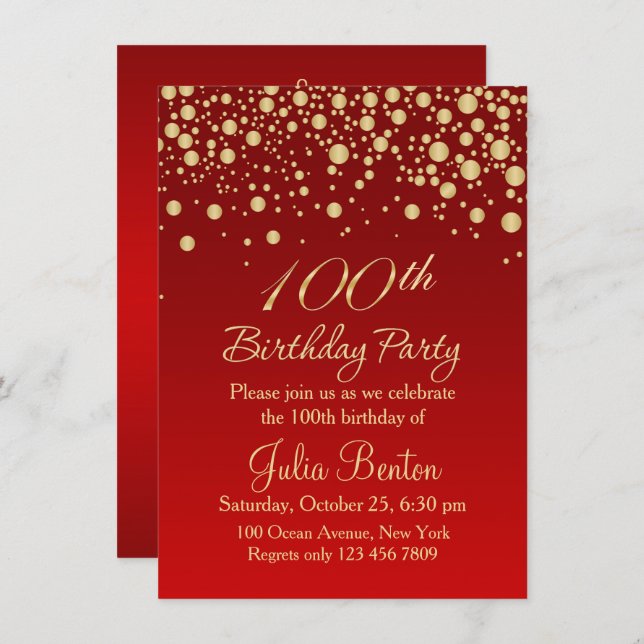 Golden confetti on red 100th Birthday Invitation (Front/Back)