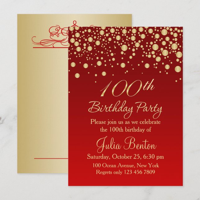 Golden confetti on red 100th Birthday Invitation (Front/Back)