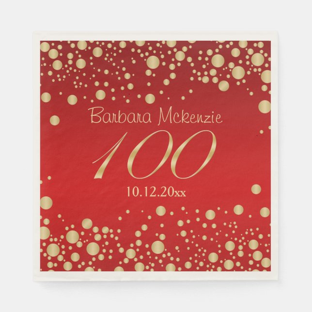Golden confetti on red 100th Birthday Party Napkins (Front)