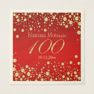 Golden confetti on red 100th Birthday Party Napkins