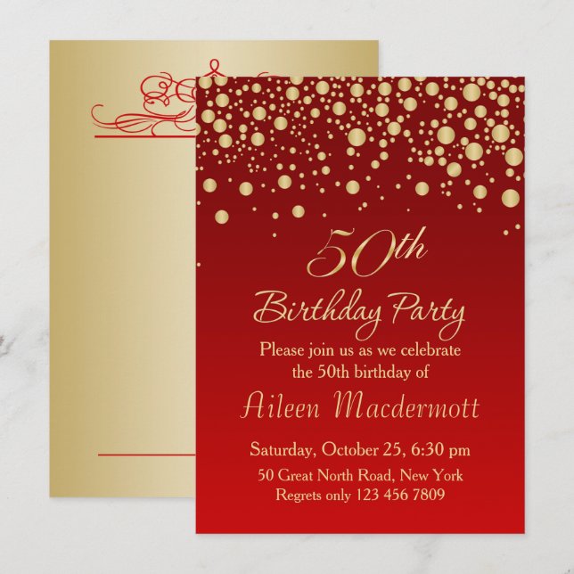 Golden confetti on red 50th Birthday Invitation (Front/Back)