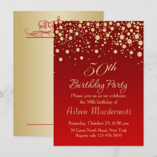 Golden confetti on red 50th Birthday Invitation