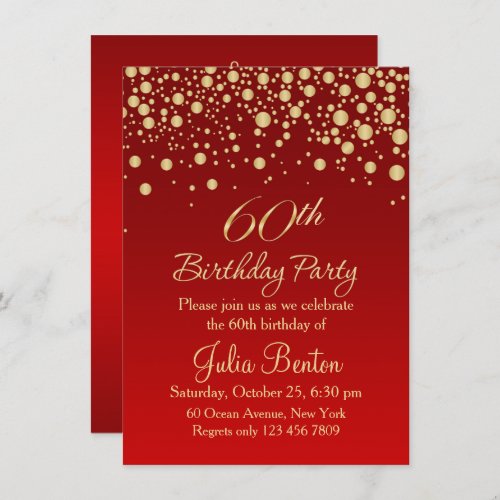 Golden confetti on red 60th Birthday Invitation