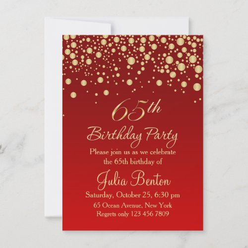 Golden confetti on red 65th Birthday Invitation
