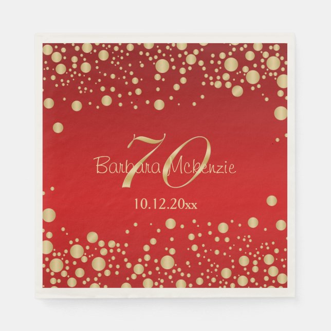 Golden confetti on red 70th Birthday Party Napkins (Front)