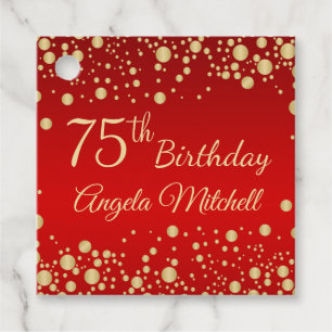 Golden confetti on red 75th Birthday Favor Tags