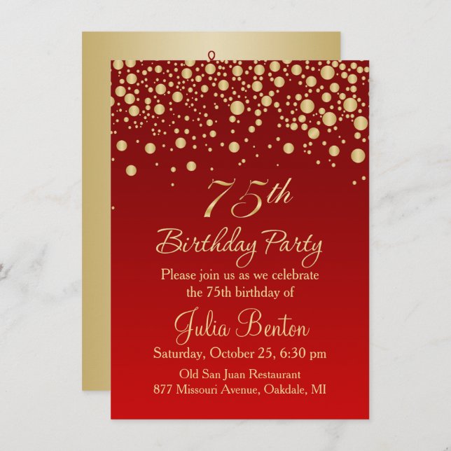 Golden confetti on red 75th Birthday Invitation (Front/Back)