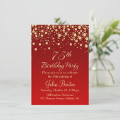 Golden confetti on red 75th Birthday Invitation (Standing Front)