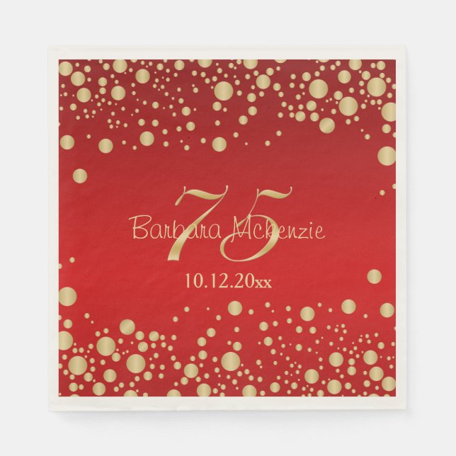 Golden confetti on red 75th Birthday Party Napkins (Front)