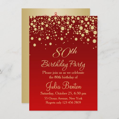 Golden confetti on red 80th Birthday Invitation