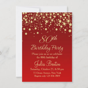 Golden confetti on red 80th Birthday Invitation