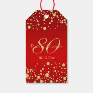 Golden confetti on red 80th Birthday Party Gift Tags