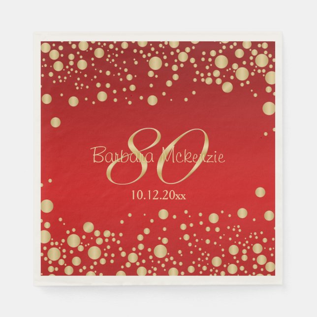Golden confetti on red 80th Birthday Party Napkins (Front)