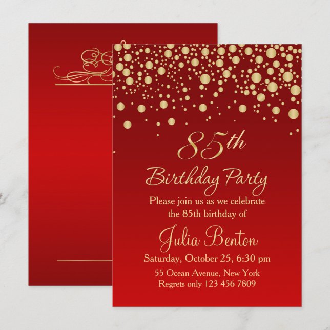 Golden confetti on red 85th Birthday Invitation (Front/Back)
