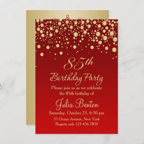 Golden confetti on red 85th Birthday Invitation