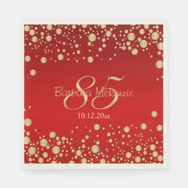 Golden confetti on red 85th Birthday Party Napkins (Front)